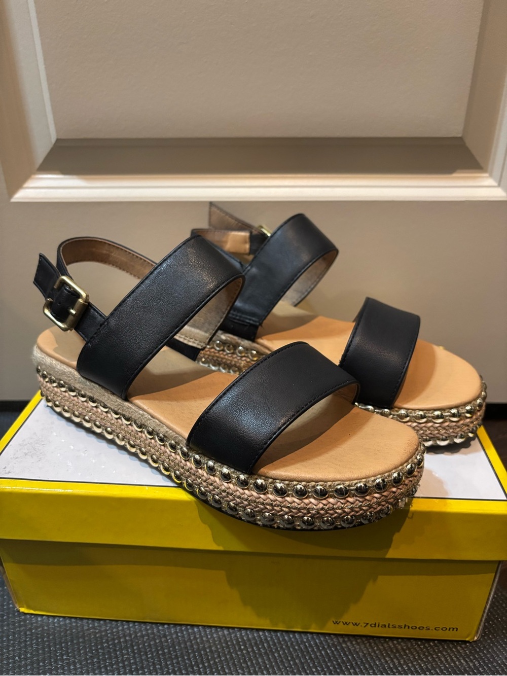 Black Platform Espadrille Sandals with Studded Trim